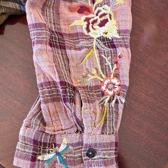 Johnny Was Pink and Brown Embroidered Plaid Top - Picture 5 of 7